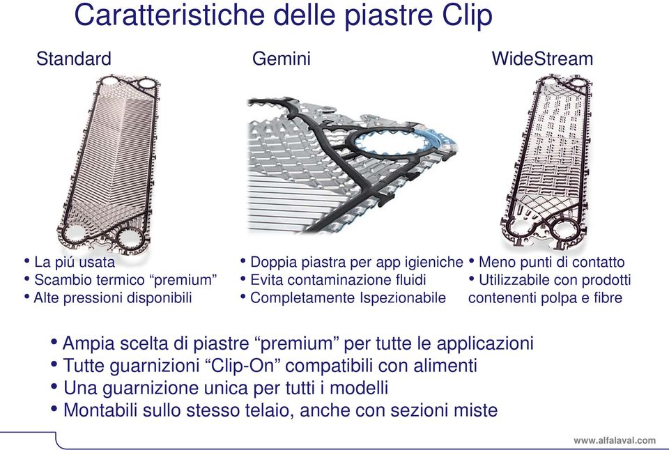 contenenti polpa e fibre Ampia scelta di piastre premium per tutte le applicazioni Tutte guarnizioni Clip-On compatibili con alimenti