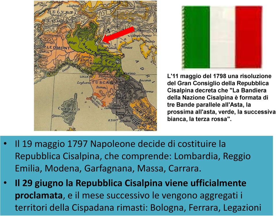 Il 19 maggio 1797 Napoleone decide di costituire la Repubblica Cisalpina, che comprende: Lombardia, Reggio Emilia, Modena, Garfagnana, Massa,