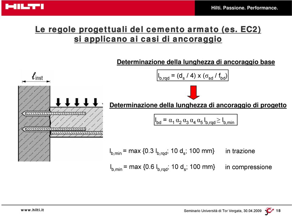 = (d s / 4) x (σ sd / f bd ) Determinazione della lunghezza di ancoraggio di progetto l bd = α 1 α