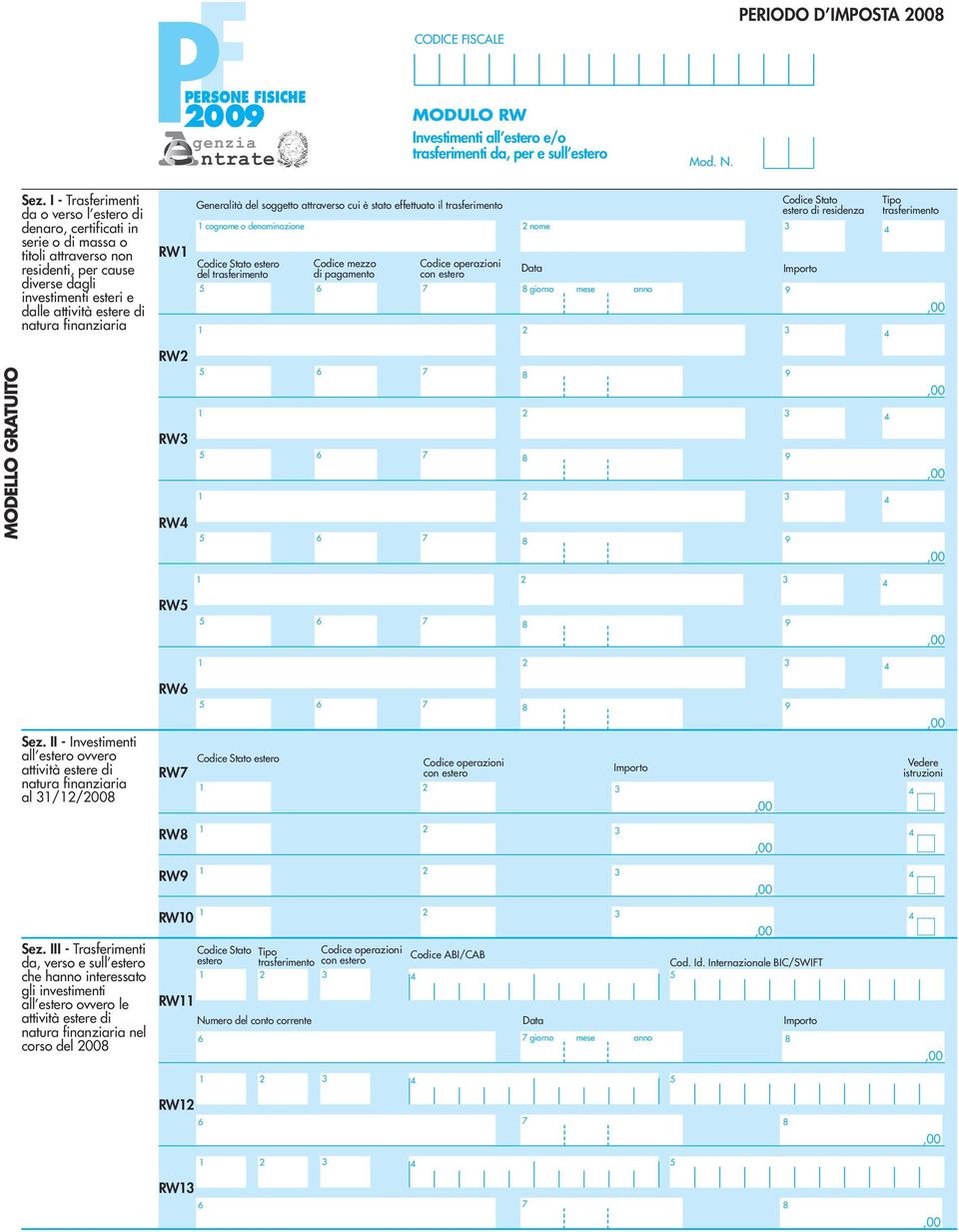 finanziaria RW1 Generalità del soggetto attraverso cui è stato effettuato il trasferimento 1 cognome o denominazione Codice Stato estero del trasferimento Codice mezzo di pagamento 6 7 Codice