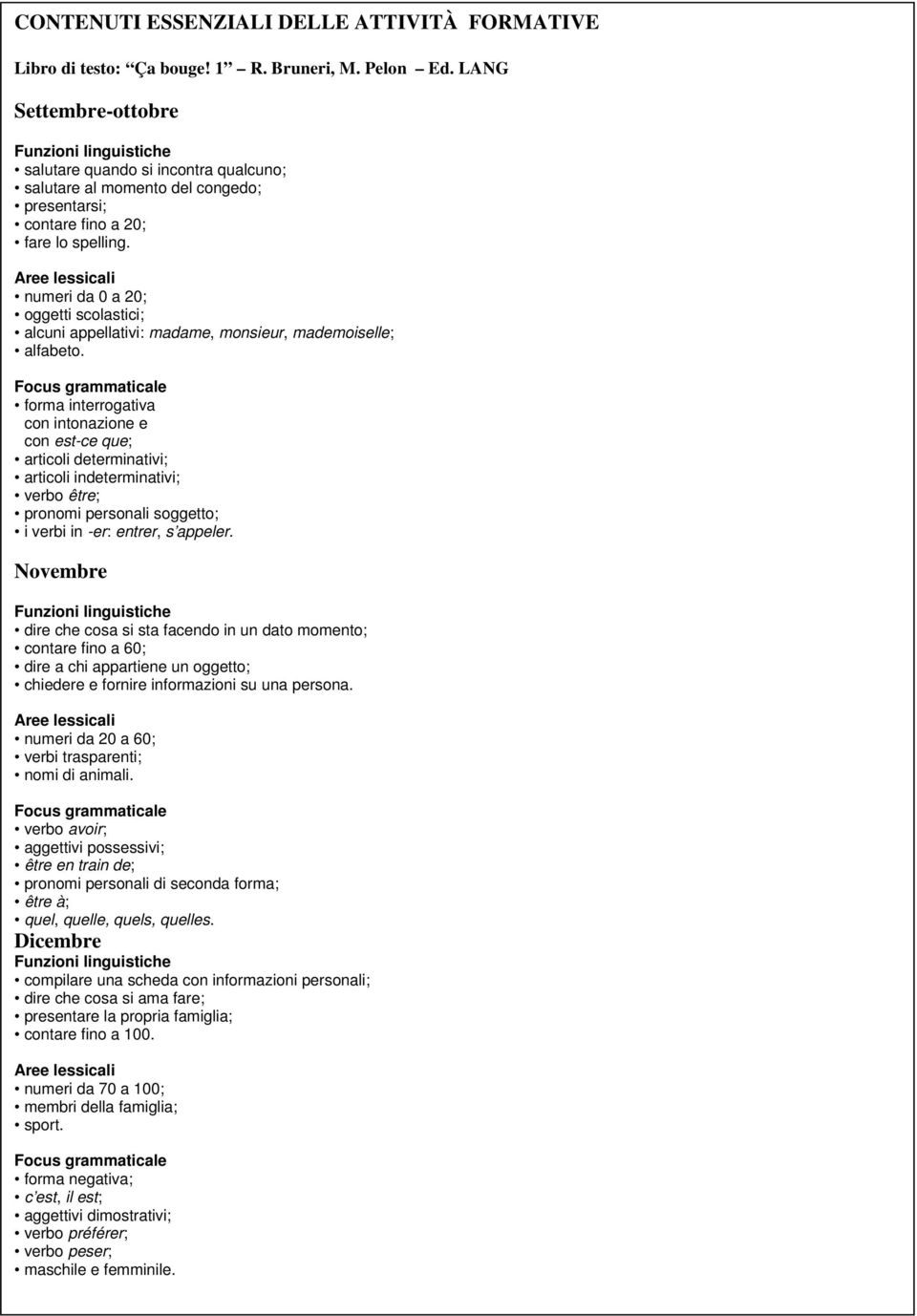 numeri da 0 a 20; oggetti scolastici; alcuni appellativi: madame, monsieur, mademoiselle; alfabeto.