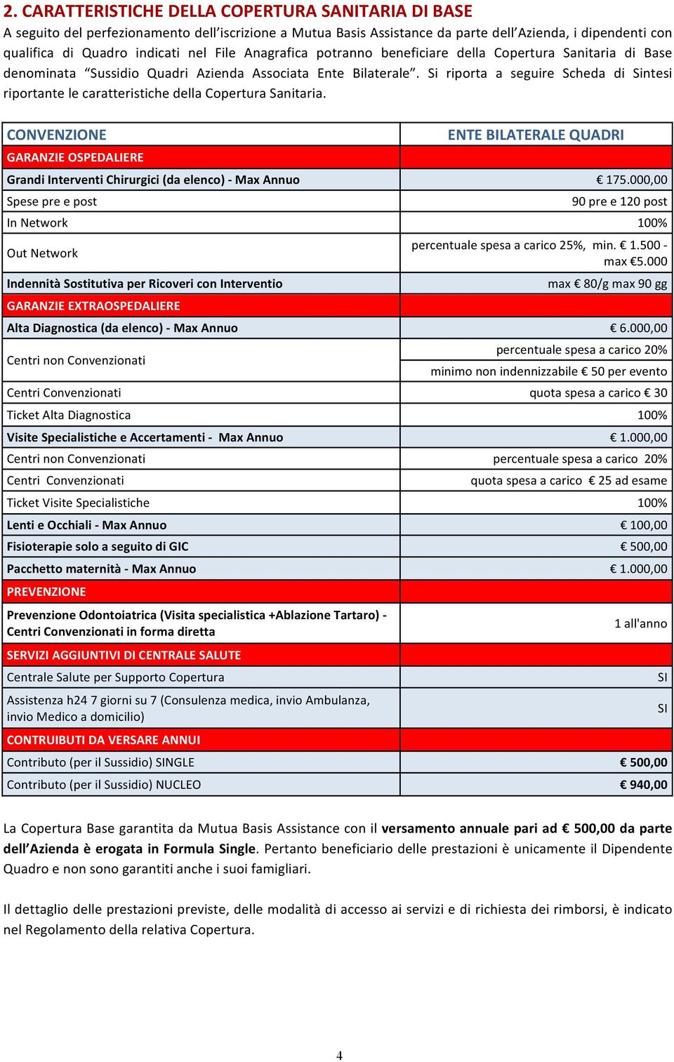 Si riporta a seguire Scheda di Sintesi riportante le caratteristiche della Copertura Sanitaria.