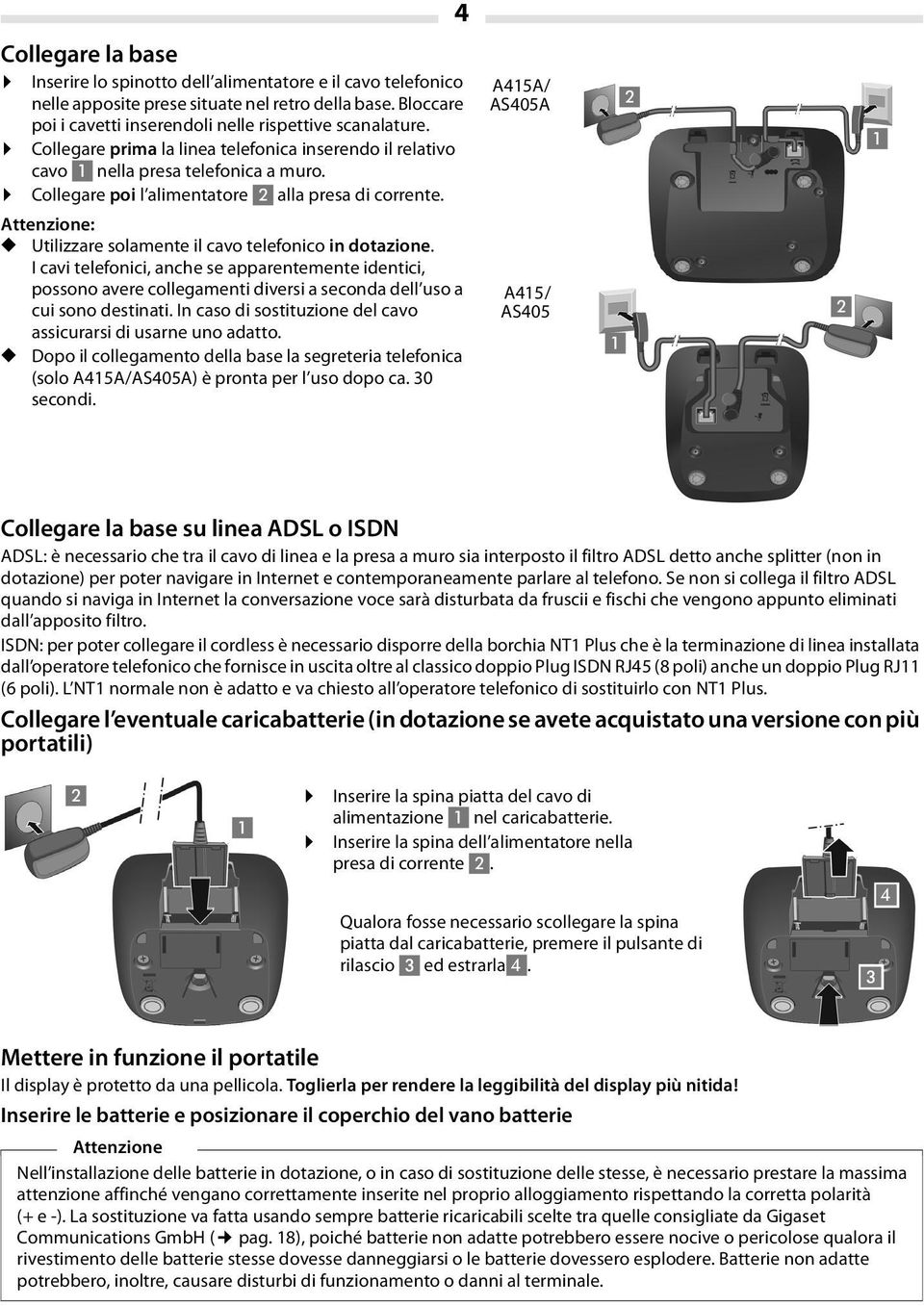 Attenzione: Utilizzare solamente il cavo telefonico in dotazione. I cavi telefonici, anche se apparentemente identici, possono avere collegamenti diversi a seconda dell uso a cui sono destinati.