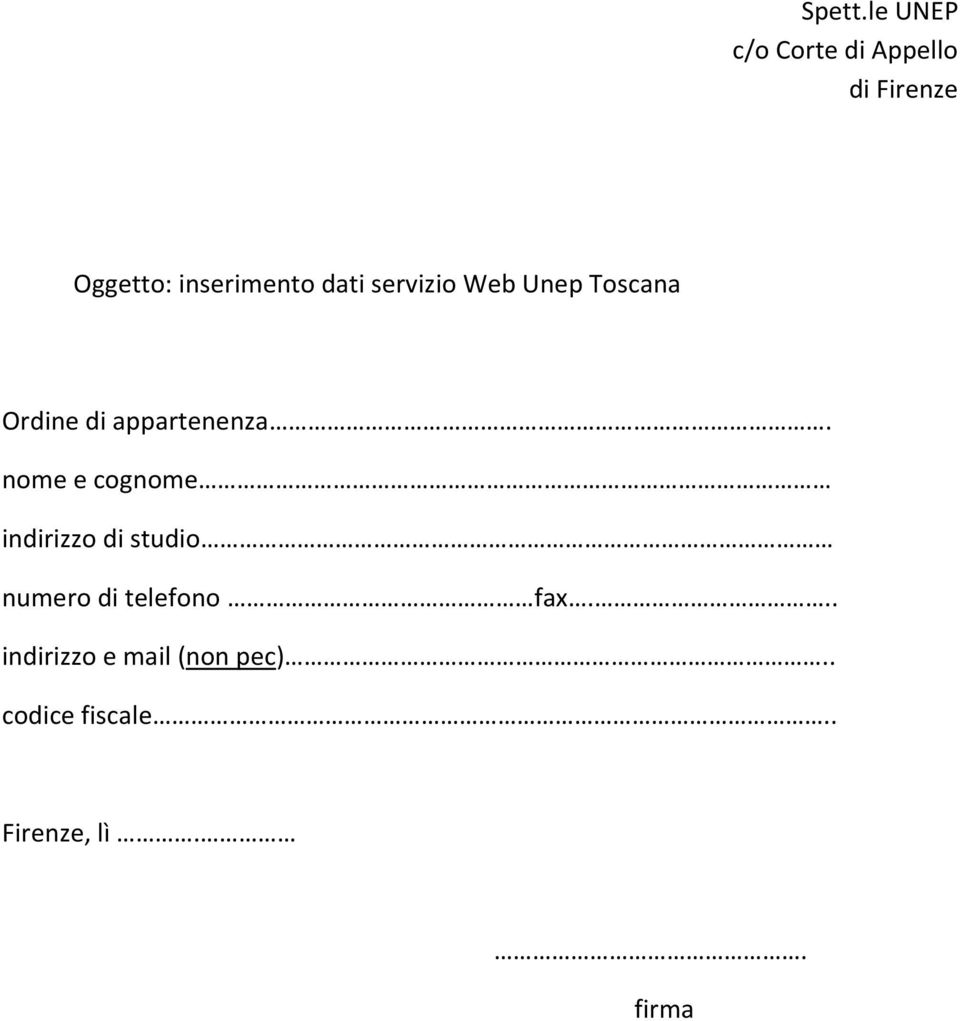 dati servizio Web Unep Toscana Ordine di appartenenza.