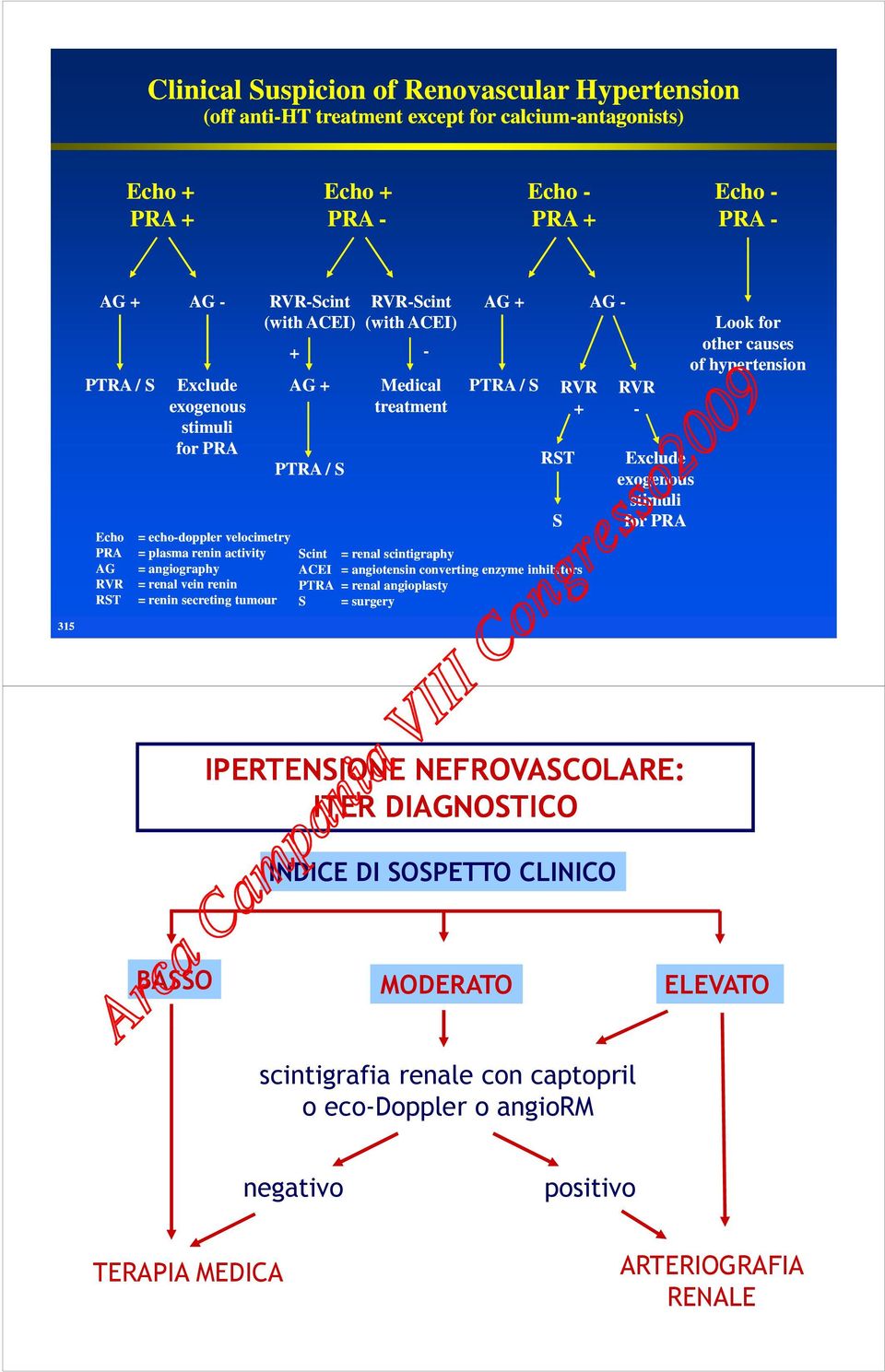 Scint = renal scintigraphy = angiography ACEI = angiotensin converting enzyme inhibitors = renal vein renin PTRA = renal angioplasty = renin secreting tumour S = surgery S AG - RVR - Exclude