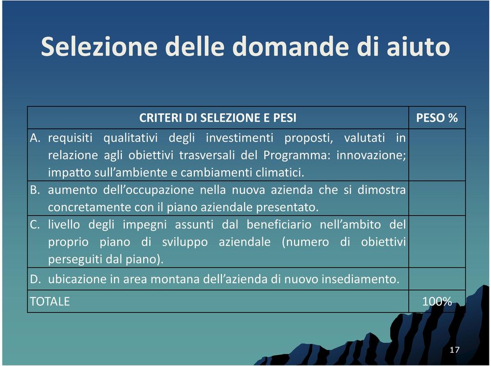 ambiente e cambiamenti climatici. B. aumento dell occupazione nella nuova azienda che si dimostra concretamente con il piano aziendale presentato.