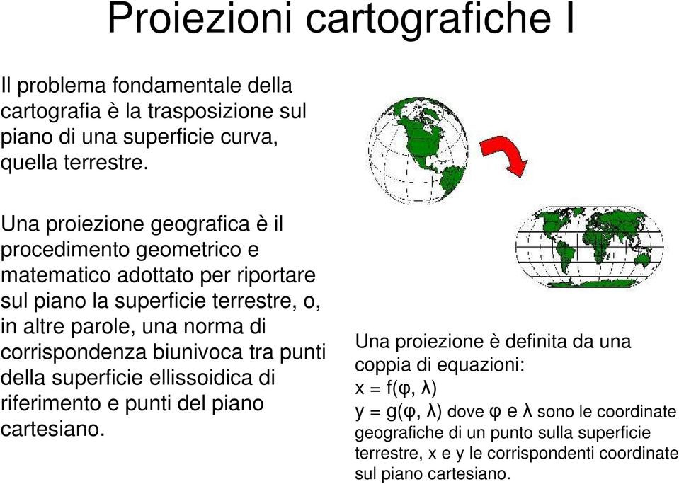 di corrispondenza biunivoca tra punti della superficie ellissoidica di riferimento e punti del piano cartesiano.