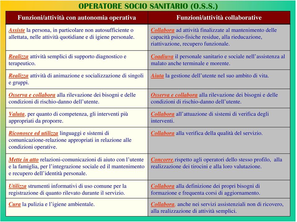 Realizza attività semplici di supporto diagnostico e terapeutico. Realizza attività di animazione e socializzazione di singoli e gruppi.