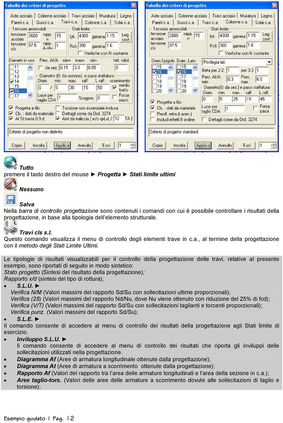 Le tipologie di risultati visualizzabili per il controllo della progettazione delle travi, relative al presente esempio, sono riportati di seguito in modo sintetico: Stato progetto (Sintesi del