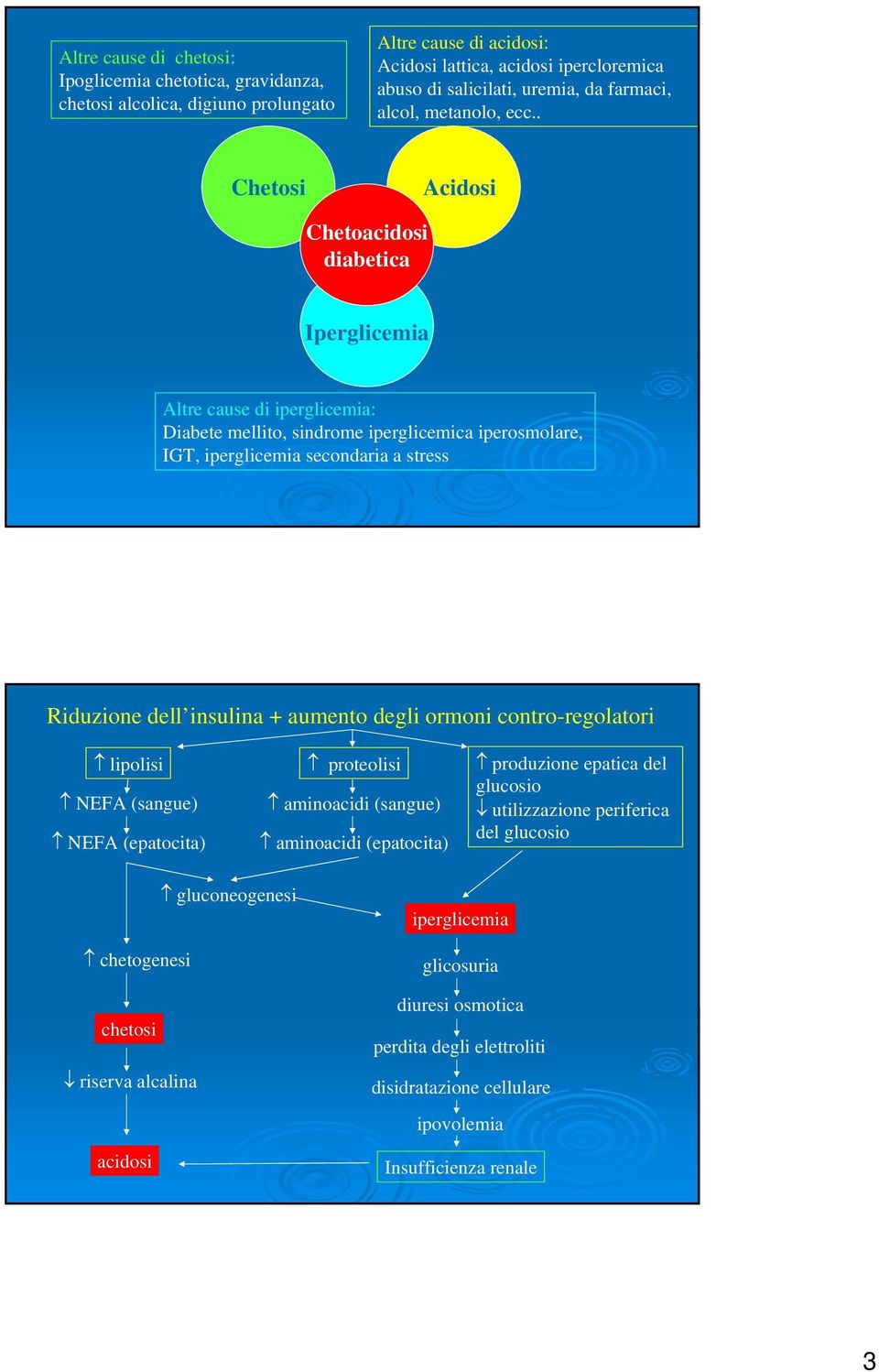 . Chetosi Acidosi Chetoacidosi diabetica Iperglicemia Altre cause di iperglicemia: Diabete mellito, sindrome iperglicemica iperosmolare, IGT, iperglicemia secondaria a stress Riduzione dell insulina