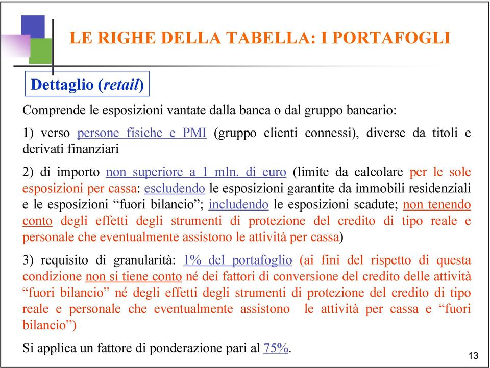 di euro (limite da calcolare per le sole esposizioni per cassa: escludendo le esposizioni garantite da immobili residenziali e le esposizioni fuori bilancio ; includendo le esposizioni scadute; non