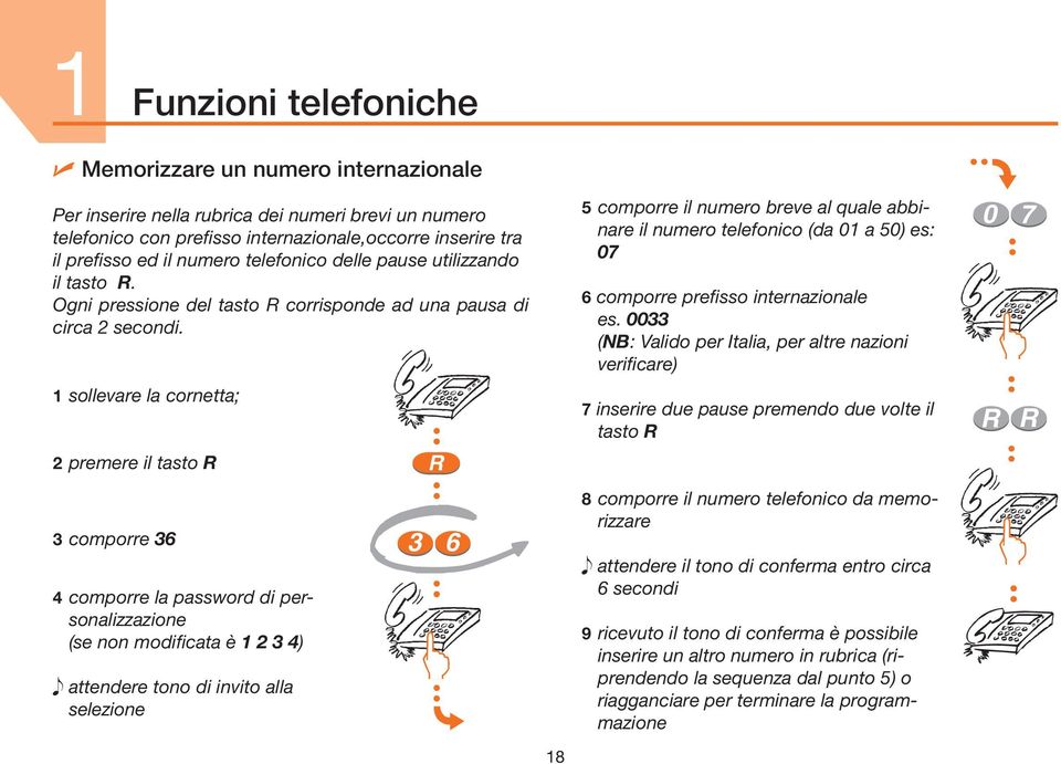 1 sollevare la cornetta; 2 premere il tasto 3 comporre 36 4 comporre la password di personalizzazione (se non modificata è 1 2 3 4) attendere tono di invito alla selezione 3 6 5 comporre il numero