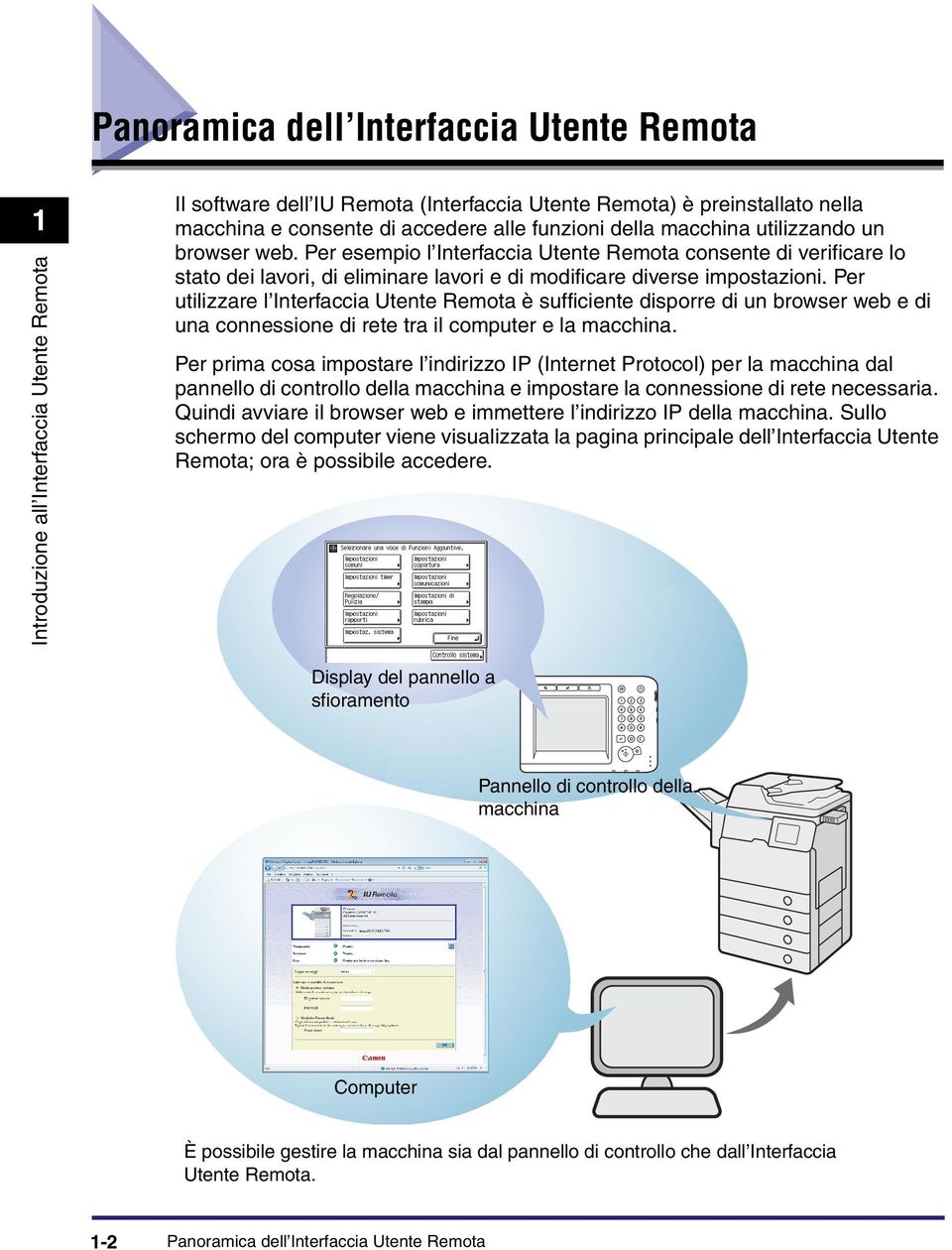 Per utilizzare l Interfaccia Utente Remota è sufficiente disporre di un browser web e di una connessione di rete tra il computer e la macchina.