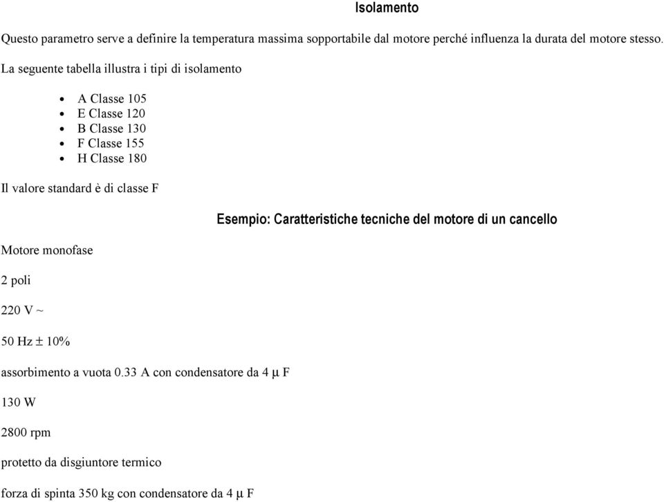 La seguente tabella illustra i tipi di isolamento A Classe 105 E Classe 120 B Classe 130 F Classe 155 H Classe 180 Il valore standard