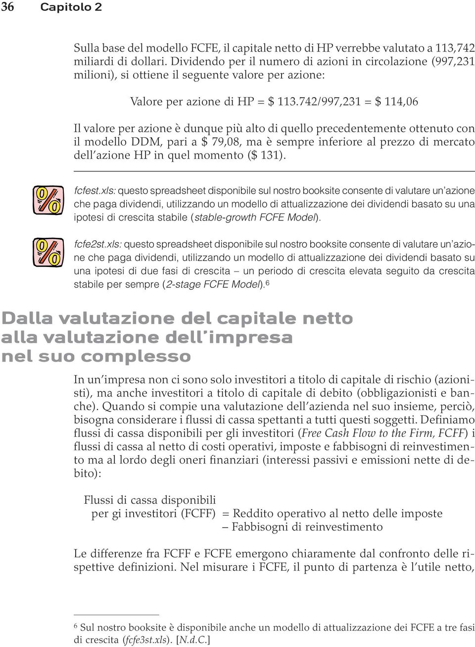 742/997,231 = $ 114,06 Il valore per azione è dunque più alto di quello precedentemente ottenuto con il modello DDM, pari a $ 79,08, ma è sempre inferiore al prezzo di mercato dell azione HP in quel