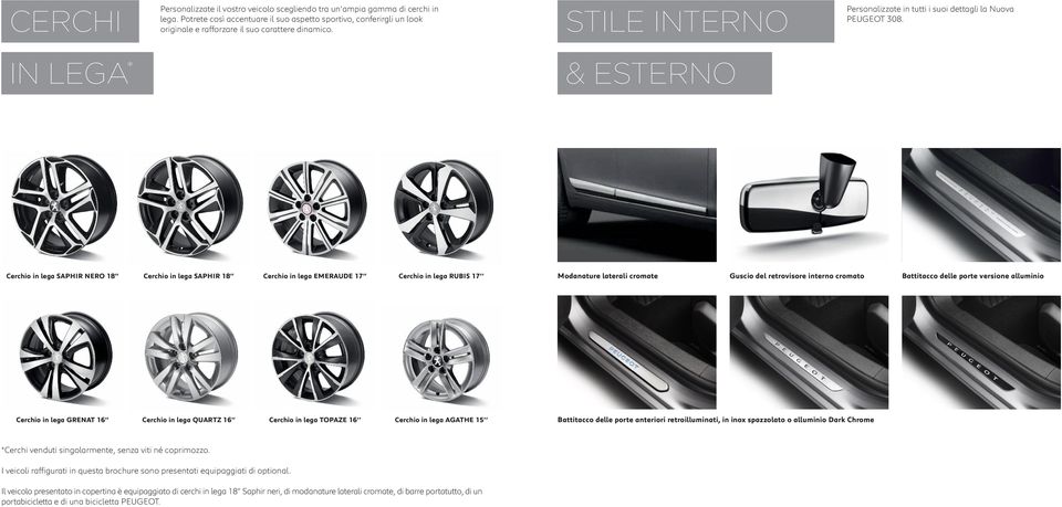 IN LEGA & ESTERNO Cerchio in lega SAPHIR NERO 18 Cerchio in lega SAPHIR 18 Cerchio in lega EMERAUDE 17 Cerchio in lega RUBIS 17 Modanature laterali cromate Guscio del retrovisore interno cromato