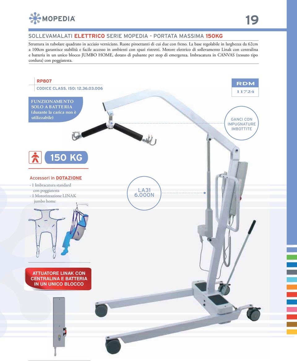 Motore elettrico di sollevamento Linak con centralina e batteria in un unico blocco JUMBO HOME, dotato di pulsante per stop di emergenza. Imbracatura in CANVAS (tessuto tipo cordura) con poggiatesta.