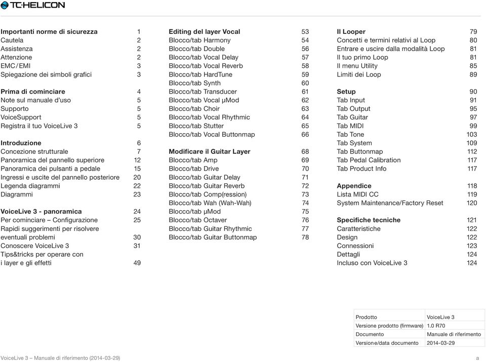 Diagrammi 23 VoiceLive 3 - panoramica 24 Per cominciare Configurazione 25 Rapidi suggerimenti per risolvere eventuali problemi 30 Conoscere VoiceLive 3 31 Tips&tricks per operare con i layer e gli