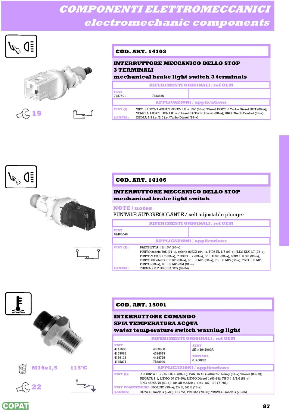 ART. 14106 INTERRUTTORE MECCANICO DELLO STOP mechanical brake light switch NOTE / notes PUNTALE AUTOREGOLANTE / self adjustable plunger 82483048 (I): BARCHETTA 1.