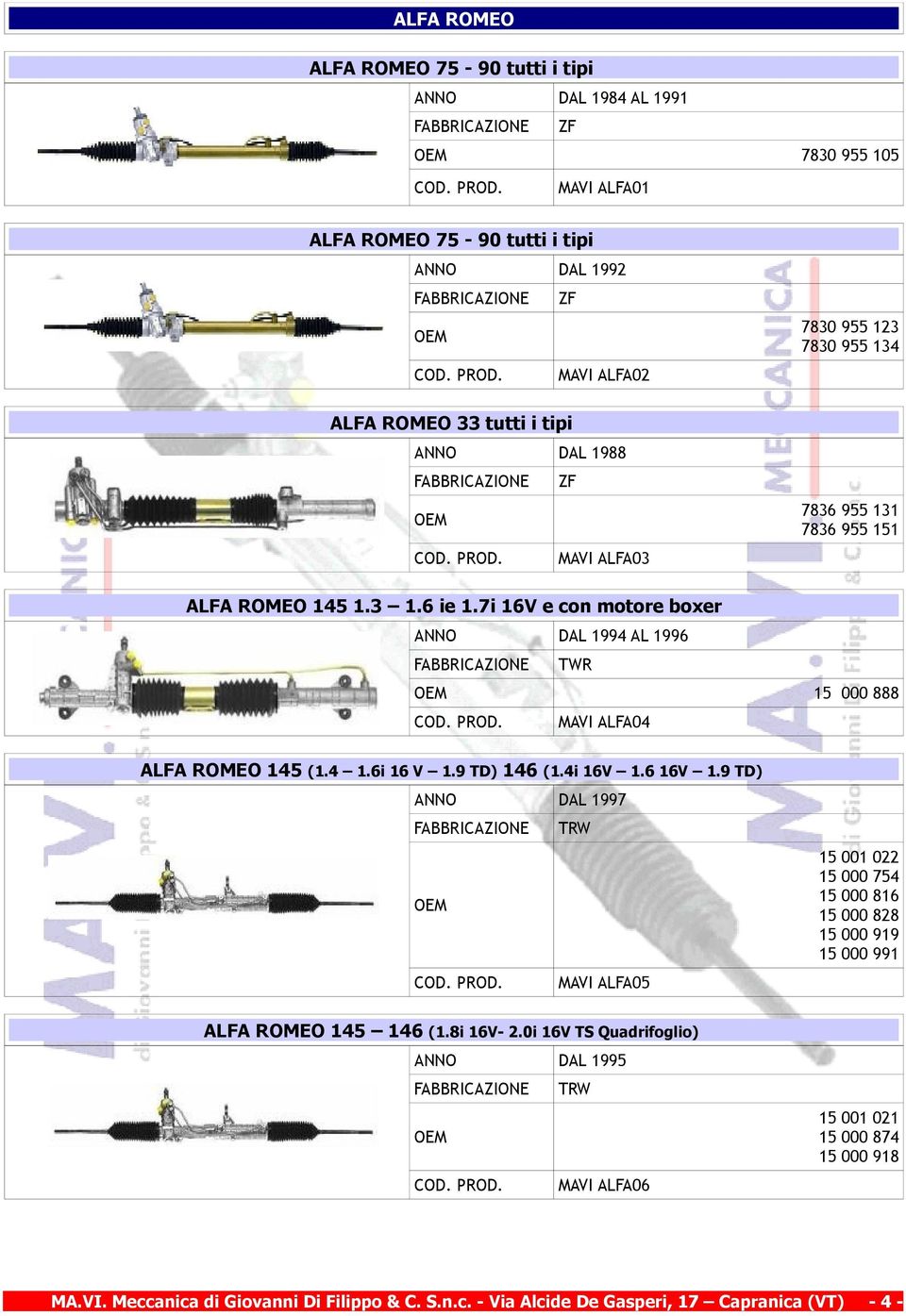 7i 16V e con motore boxer DAL 1994 AL 1996 TWR COD. PROD. 15 000 888 MAVI ALFA04 ALFA ROMEO 145 (1.4 1.6i 16 V 1.9 TD) 146 (1.4i 16V 1.6 16V 1.