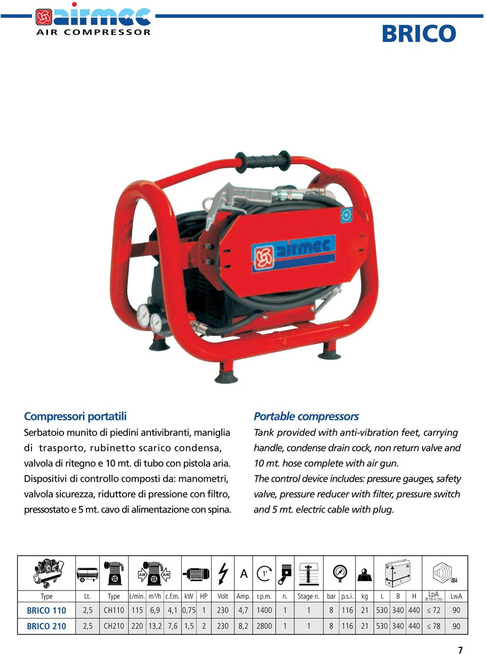 Portable compressors Tank provided with anti-vibration feet, carrying handle, condense drain cock, non return valve and 10 mt. hose complete with air gun.