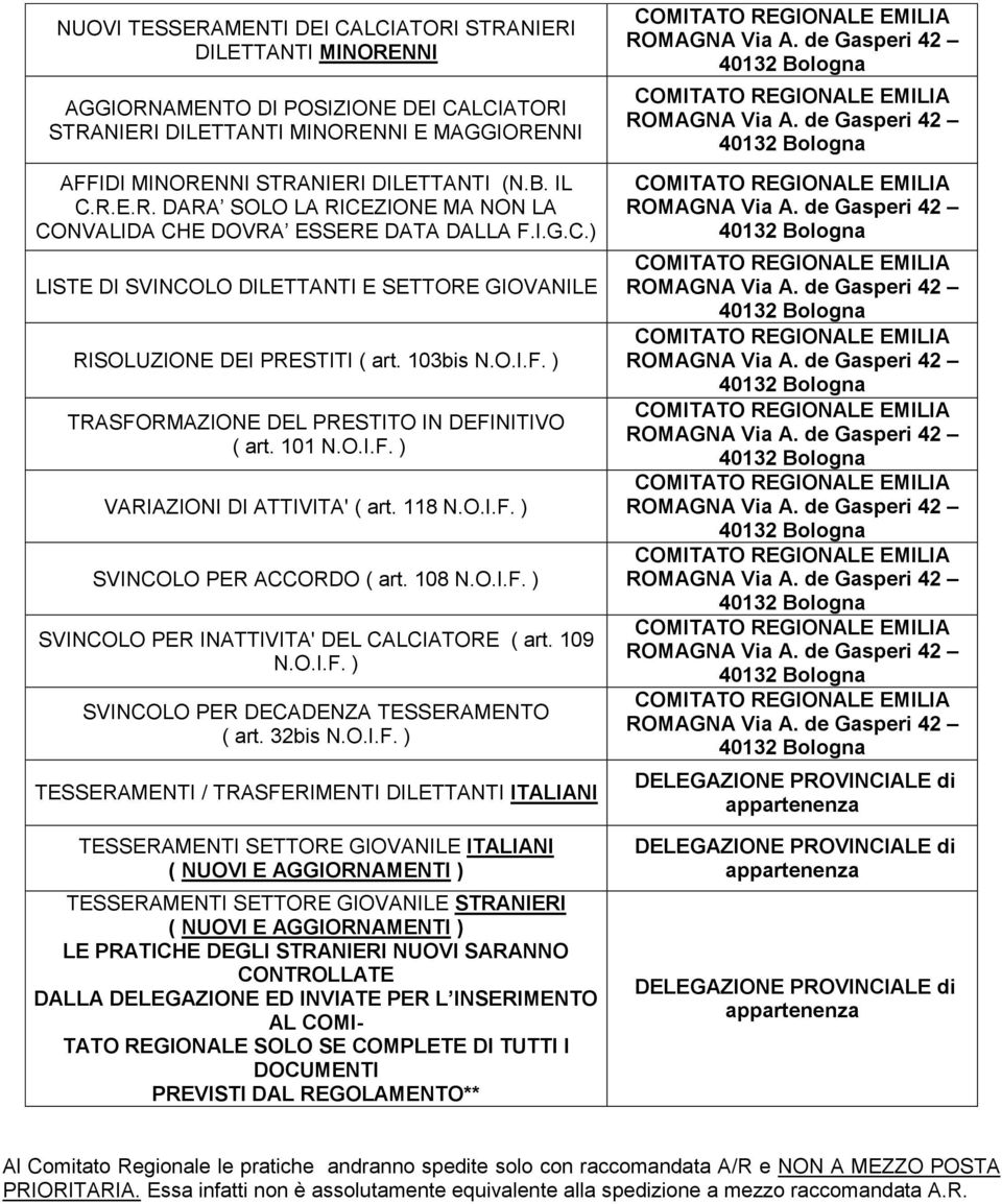 101 N.O.I.F. ) VARIAZIONI DI ATTIVITA' ( art. 118 N.O.I.F. ) SVINCOLO PER ACCORDO ( art. 108 N.O.I.F. ) SVINCOLO PER INATTIVITA' DEL CALCIATORE ( art. 109 N.O.I.F. ) SVINCOLO PER DECADENZA TESSERAMENTO ( art.