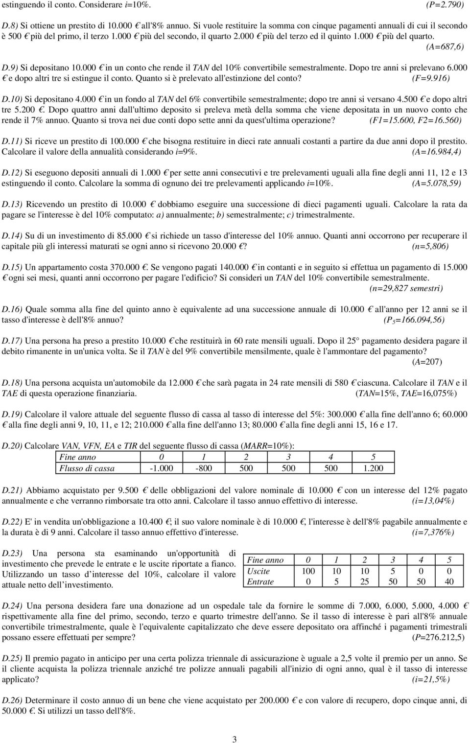 (A=687,6) D.9) Si depositano 10.000 in un conto che rende il TAN del 10% convertibile semestralmente. Dopo tre anni si prelevano 6.000 e dopo altri tre si estingue il conto.