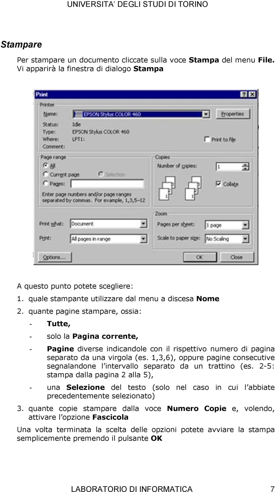 quante pagine stampare, ossia: - Tutte, - solo la Pagina corrente, - Pagine diverse indicandole con il rispettivo numero di pagina separato da una virgola (es.