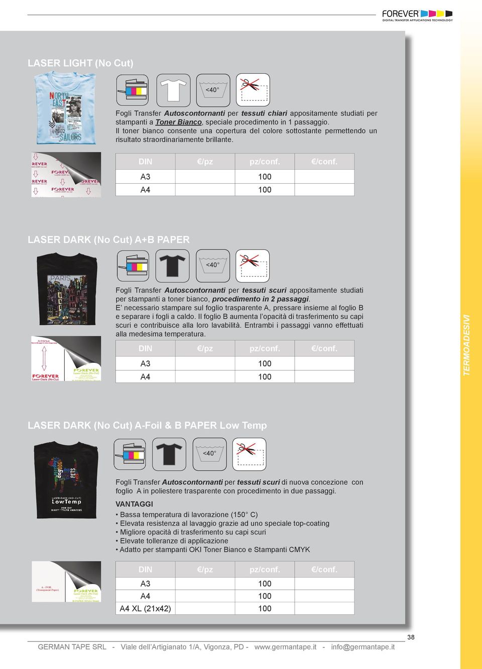 LASER DARK (No Cut) A+B PAPER <40 Fogli Transfer Autoscontornanti per tessuti scuri appositaente studiati per stapanti a toner bianco, procediento in 2 passaggi.