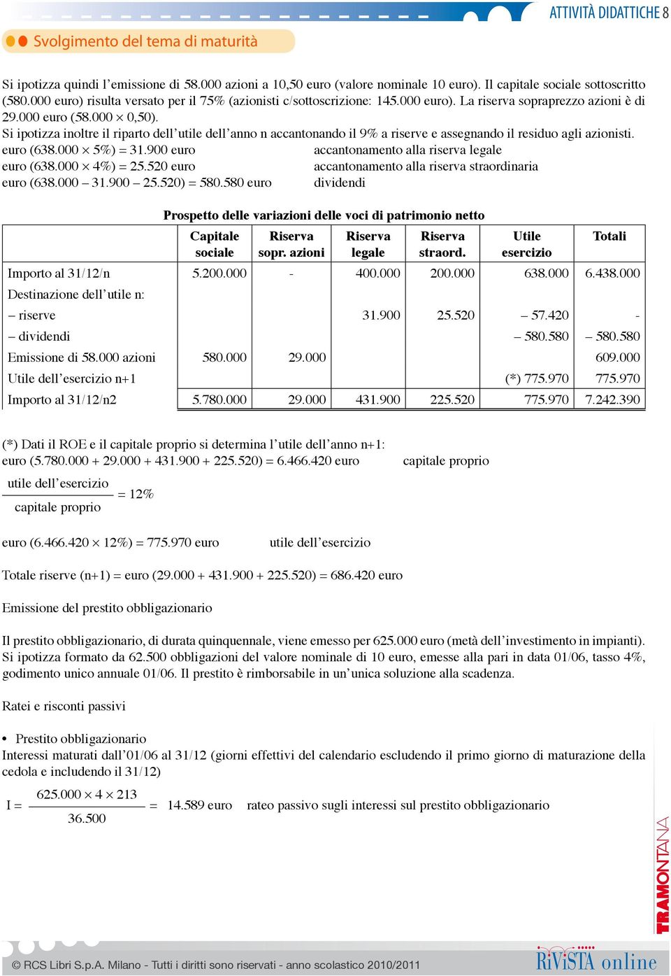 Si ipotizza inoltre il riparto dell utile dell anno n accantonando il 9% a riserve e assegnando il residuo agli azionisti. euro (638.000 5%) = 31.900 euro accantonamento alla riserva legale euro (638.