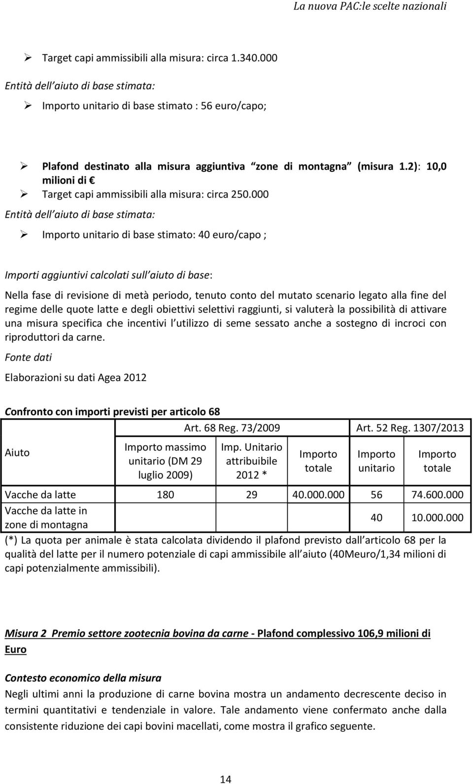 2): 10,0 milioni di Target capi ammissibili alla misura: circa 250.