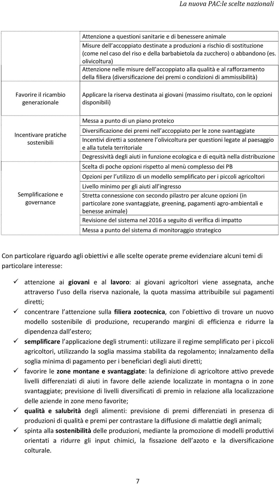 Applicare la riserva destinata ai giovani (massimo risultato, con le opzioni disponibili) Incentivare pratiche sostenibili Semplificazione e governance Messa a punto di un piano proteico