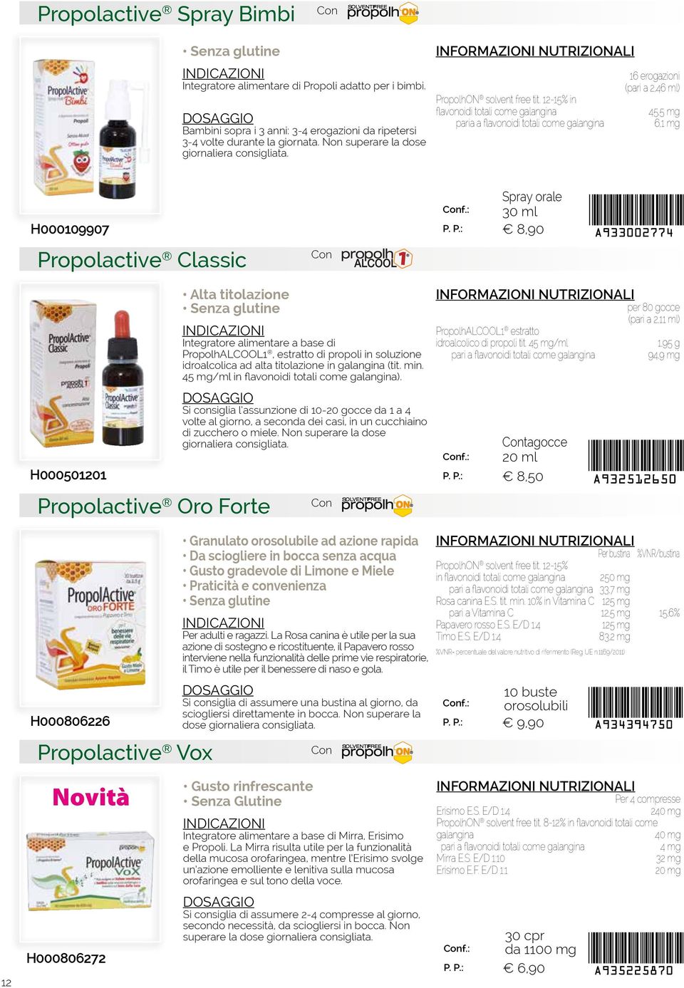 12-15% in flavonoidi totali come galangina paria a flavonoidi totali come galangina 16 erogazioni (pari a 2,46 ml) 45,5 mg 6,1 mg H000109907 Spray orale 30 ml 8,90 Propolactive Classic Con H000501201