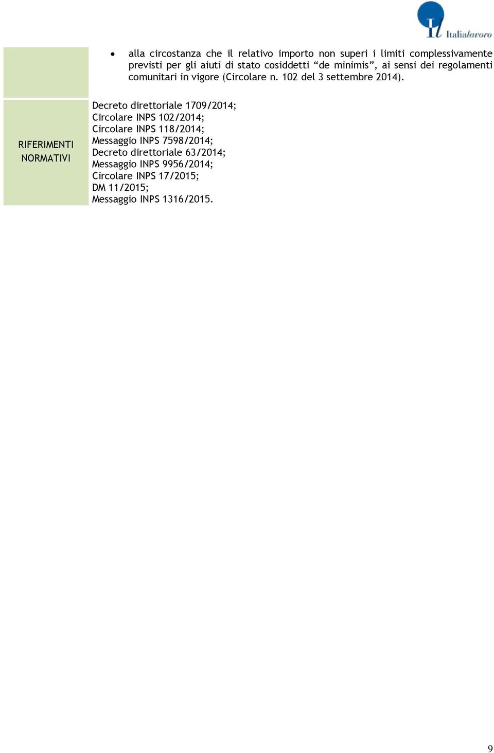 Decreto direttoriale 1709/2014; Circolare INPS 102/2014; Circolare INPS 118/2014; Messaggio INPS 7598/2014;