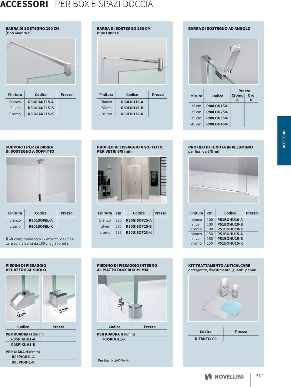 SOFFITTO PROFILO DI FISSAGGIO A SOFFITTO PER VETRI 6/8 mm PROFILO DI TENUTA IN ALLUMINIO per fissi da mm ACCESSORI Finitura bianco cromo R801SOFEL-A R801SOFEL-K Il Kit comprende solo i 2 attacchi da