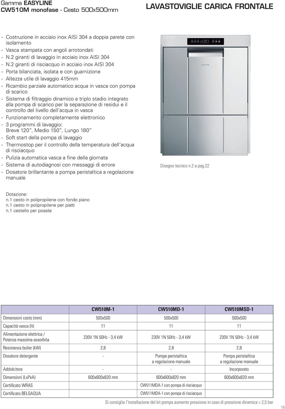 2 giranti di risciacquo in acciaio inox AISI 304 Porta bilanciata, isolata e con guarnizione Altezza utile di lavaggio 415mm Ricambio parziale automatico acqua in vasca con pompa di scarico Sistema