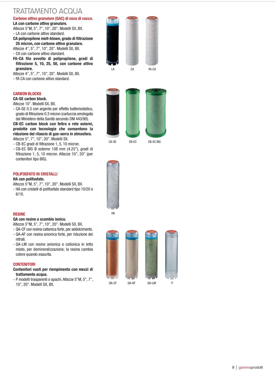 FA-CA filo avvolto di polipropilene, gradi di filtrazione 5, 10, 25, 50, con carbone attivo granulare. Altezze 4, 5, 7, 10, 20. Modelli SX, BX. - FA CA con carbone attivo standard.