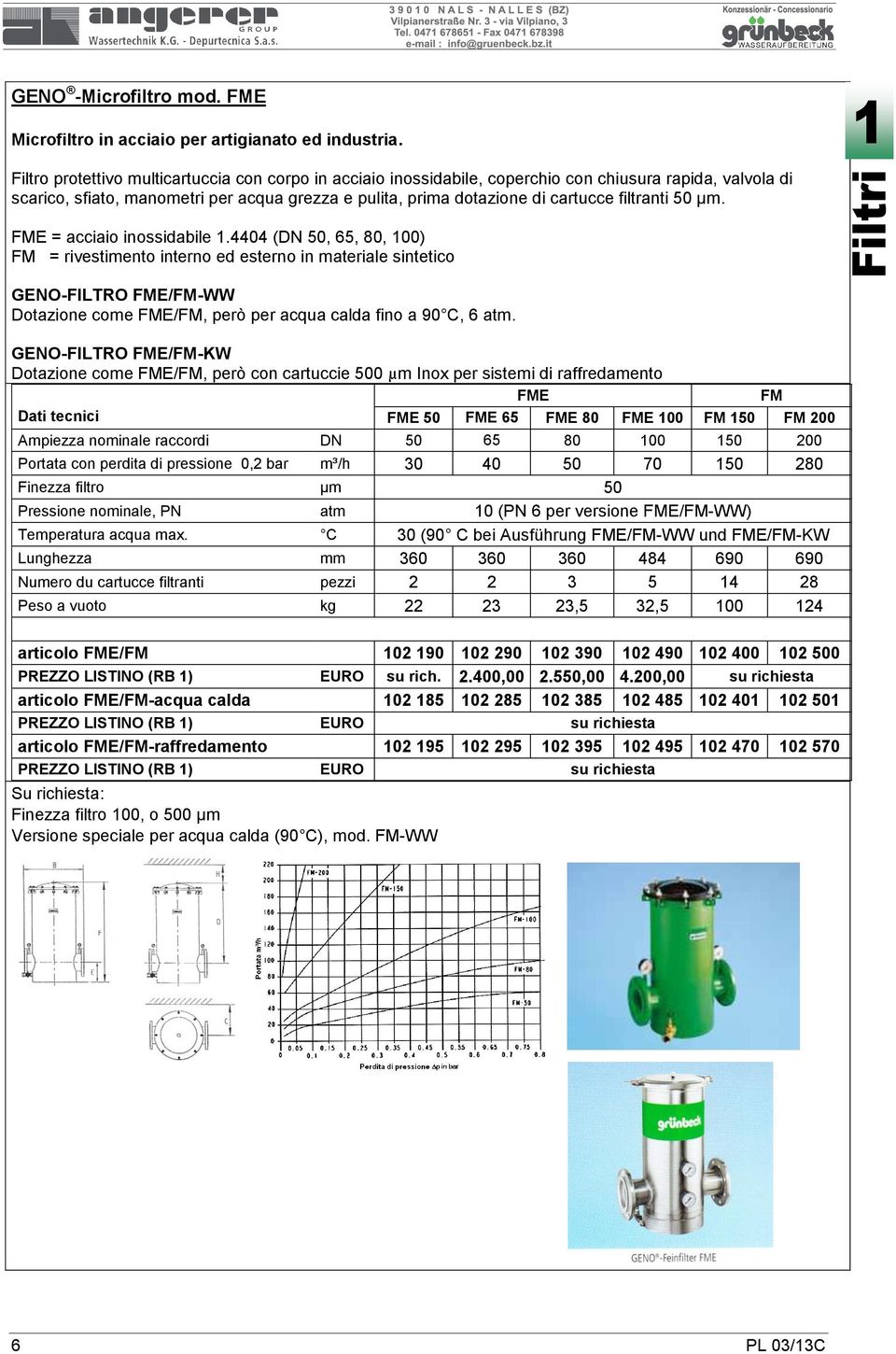 filtranti 50 µm. FME = acciaio inossidabile 1.