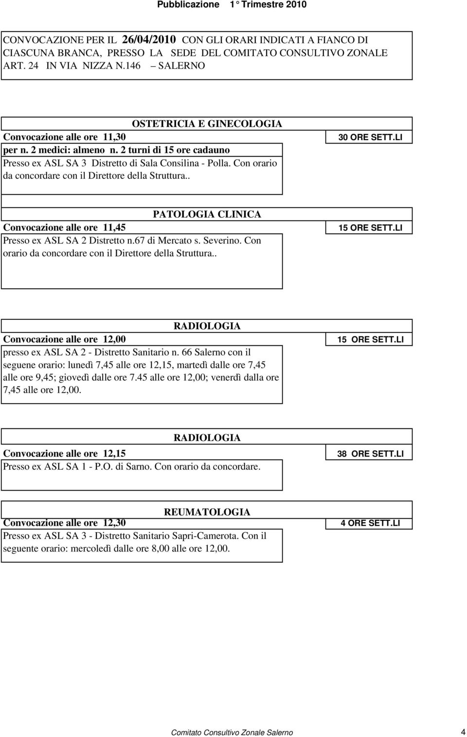 Con orario da concordare con il Direttore. 15 ORE SETT.LI RADIOLOGIA Convocazione alle ore 12,00 presso ex ASL SA 2 - Distretto Sanitario n.