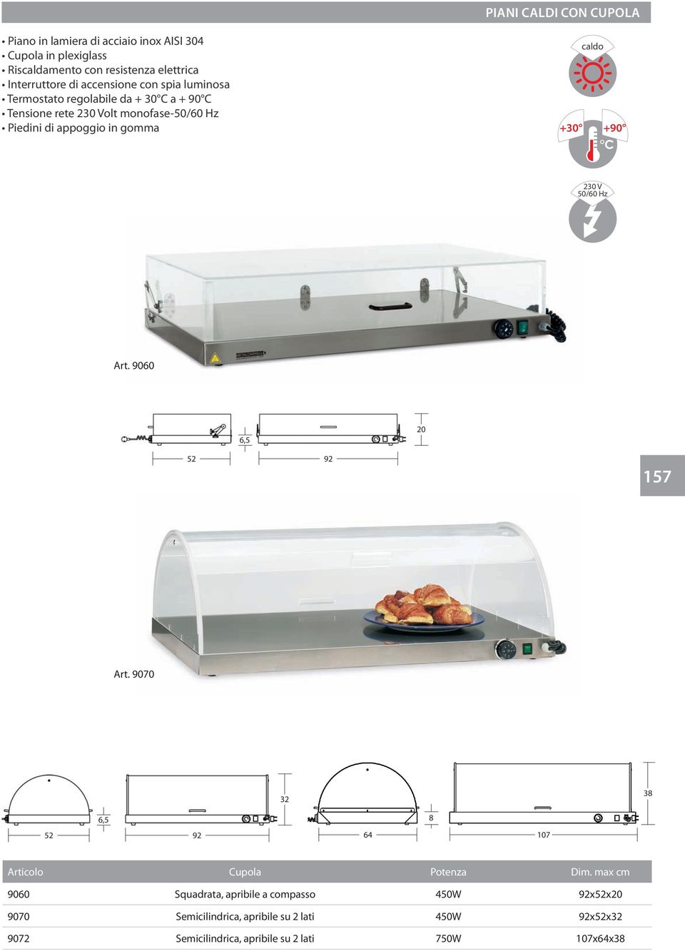 caldo +30 +90 230 V 50/60 Hz Art. 9060 6,5 20 52 92 157 Art. 9070 32 38 6,5 8 52 92 64 107 Articolo Cupola Potenza Dim.