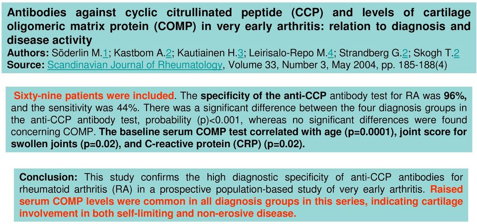 185-188(4) Sixty-nine patients were included. The specificity of the anti-ccp antibody test for RA was 96%, and the sensitivity was 44%.