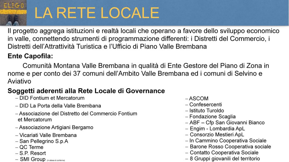 dell Ambito Valle Brembana ed i comuni di Selvino e Aviativo Soggetti aderenti alla Rete Locale di Governance DID Fontium et Mercatorum DID La Porta della Valle Brembana Associazione del Distretto