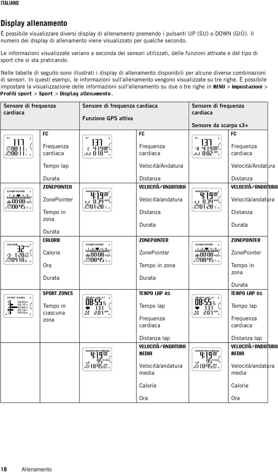 Nelle tabelle di seguito sono illustrati i display di allenamento disponibili per alcune diverse combinazioni di sensori.