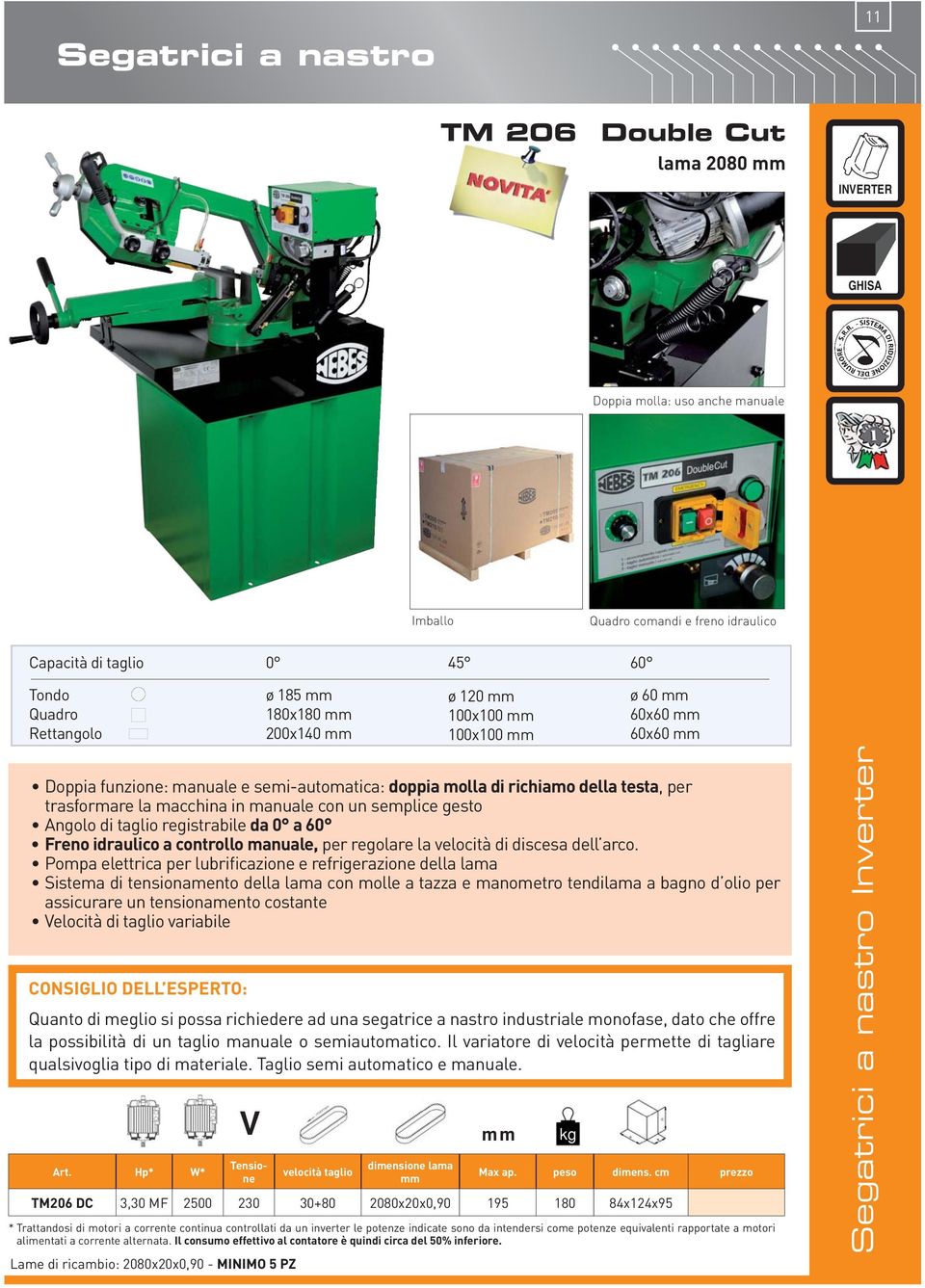 manuale con un semplice gesto Angolo di taglio registrabile da 0 a 60 Freno idraulico a controllo manuale, per regolare la velocità di discesa dell arco.