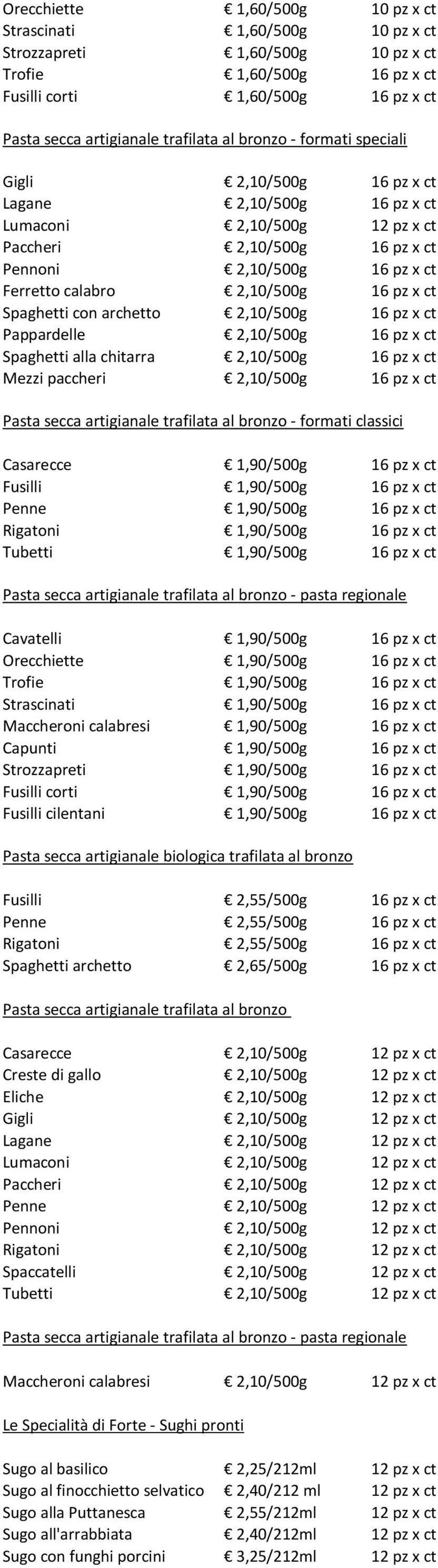 pz x ct Spaghetti con archetto 2,10/500g 16 pz x ct Pappardelle 2,10/500g 16 pz x ct Spaghetti alla chitarra 2,10/500g 16 pz x ct Mezzi paccheri 2,10/500g 16 pz x ct Pasta secca artigianale trafilata