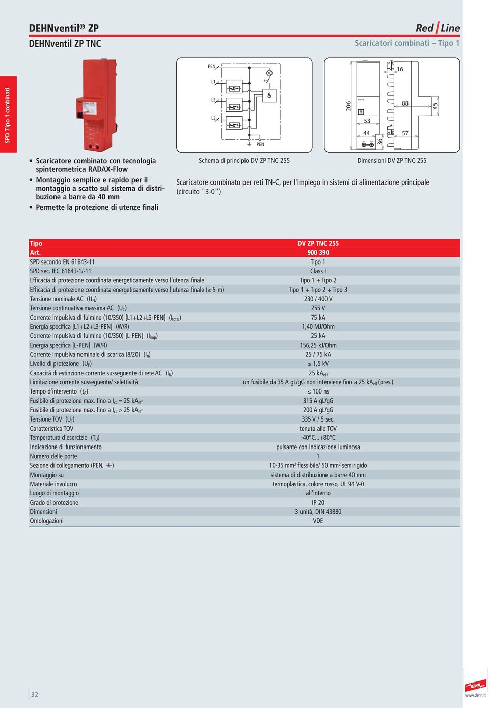 Scaricatore combinato per reti TN-C, per l'impiego in sistemi di alimentazione principale (circuito "3-0") Tipo DV ZP TNC 255 Art. 900 390 SPD secondo EN 61643-11 Tipo 1 SPD sec.