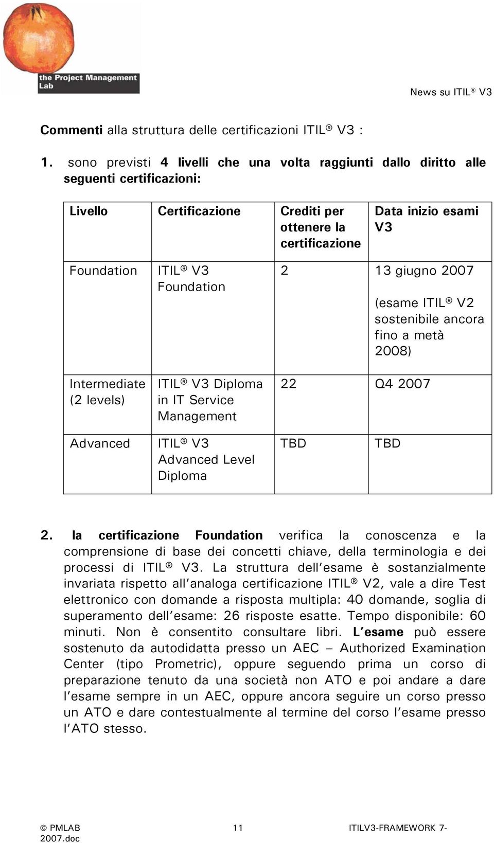 (2 levels) ITIL V3 Foundation ITIL V3 Diploma in IT Management 2 13 giugno 2007 (esame ITIL V2 sostenibile ancora fino a metà 2008) 22 Q4 2007 Advanced ITIL V3 Advanced Level Diploma TBD TBD 2.