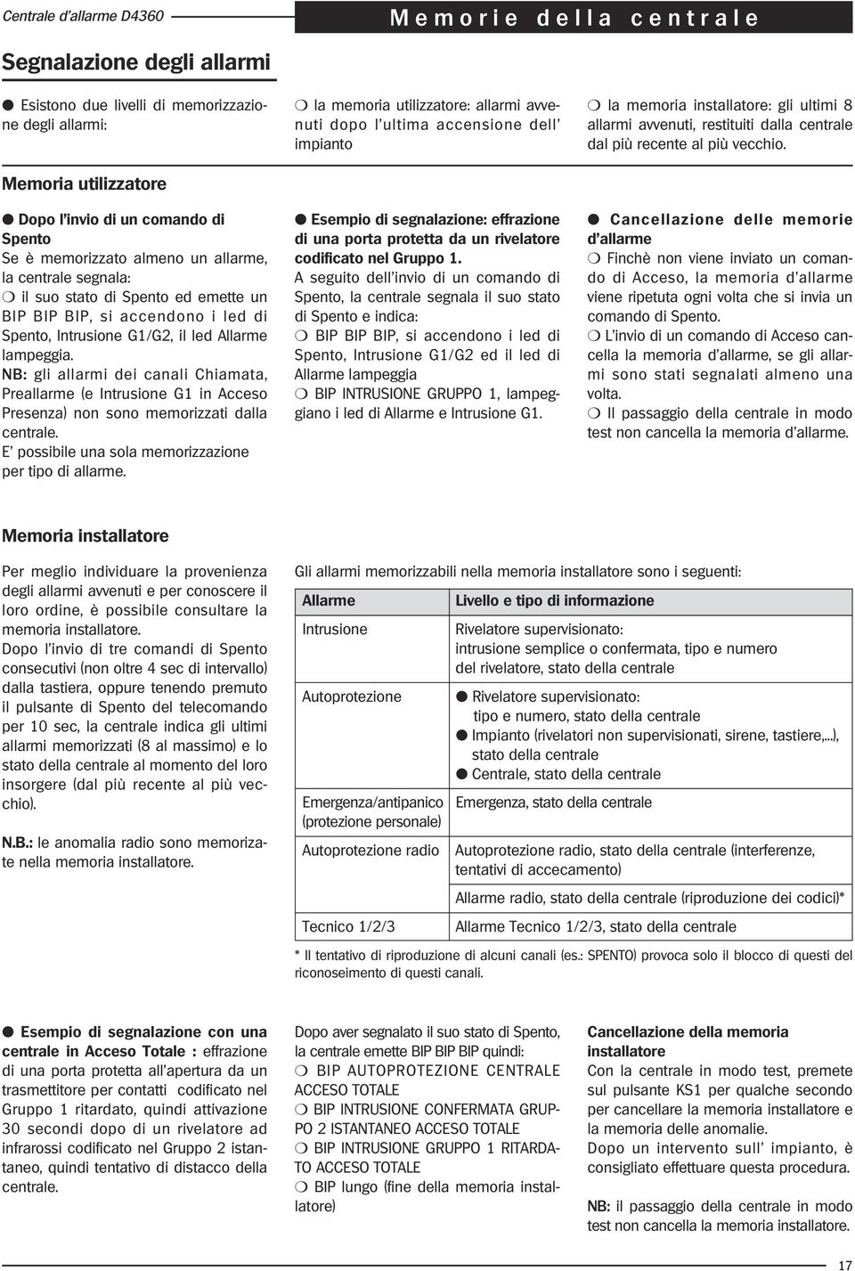 B: gli allarmi dei canali Chiamata, Preallarme (e Intrusione G1 in Acceso Presenza) non sono memorizzati dalla centrale. E possibile una sola memorizzazione per tipo di allarme.