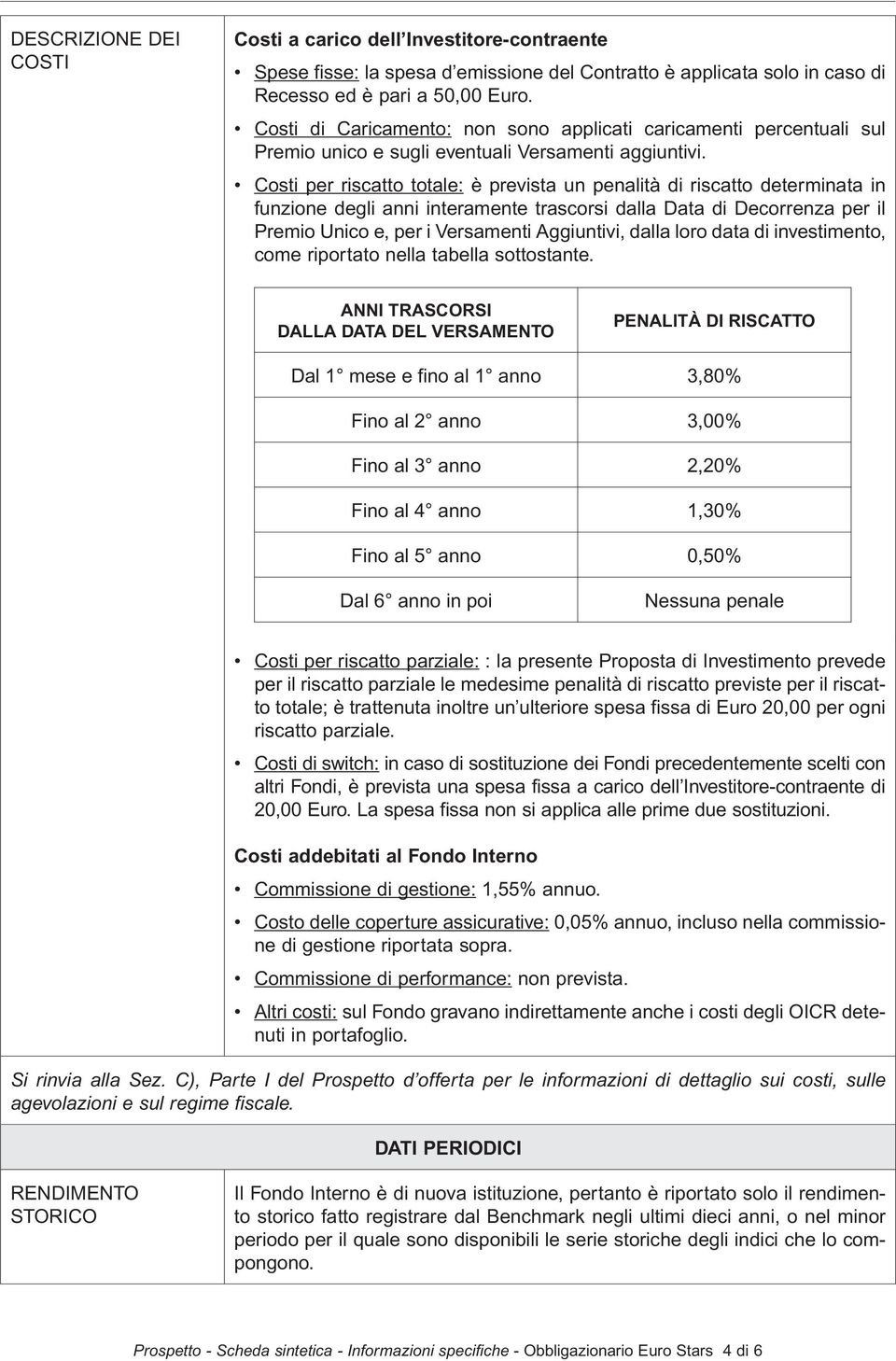 Costi per riscatto totale: è prevista un penalità di riscatto determinata in funzione degli anni interamente trascorsi dalla Data di Decorrenza per il Premio Unico e, per i Versamenti Aggiuntivi,