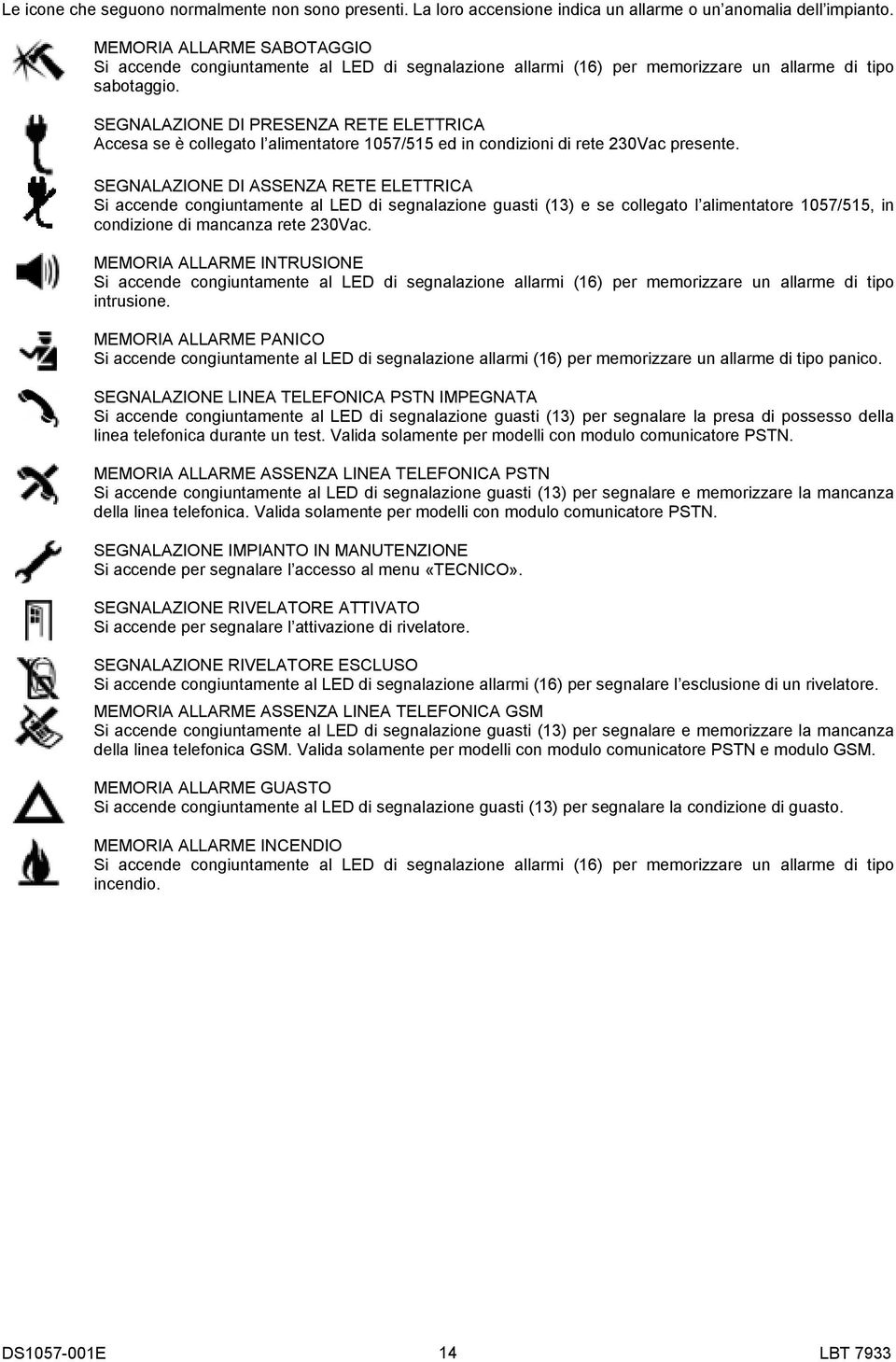 SEGNALAZIONE DI PRESENZA RETE ELETTRICA Accesa se è collegato l alimentatore 1057/515 ed in condizioni di rete 230Vac presente.